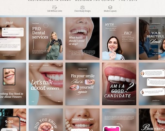 Plantillas de Instagram para carillas dentales / Imagen de marca para dentistas en Canva / Publicaciones en redes sociales sobre carillas dentales / Plantilla para clínica dental