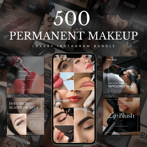 500 Permanent Makeup Instagram Vorlagen | PMU Instagram Bundle | Lip Blush, Eyeliner Tattoo, Microblading, Brauentattoo Instagram Posts