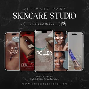 May include: Promotional image for a skincare studio, with five smartphones showcasing skincare treatments. Text includes "SKINCARE STUDIO," "4K VIDEO REELS," and treatment names such as "Pure Oxygen Ritual" and "Red Light." The image also features the text "READY TO USE - Fully Editable Canva Template."