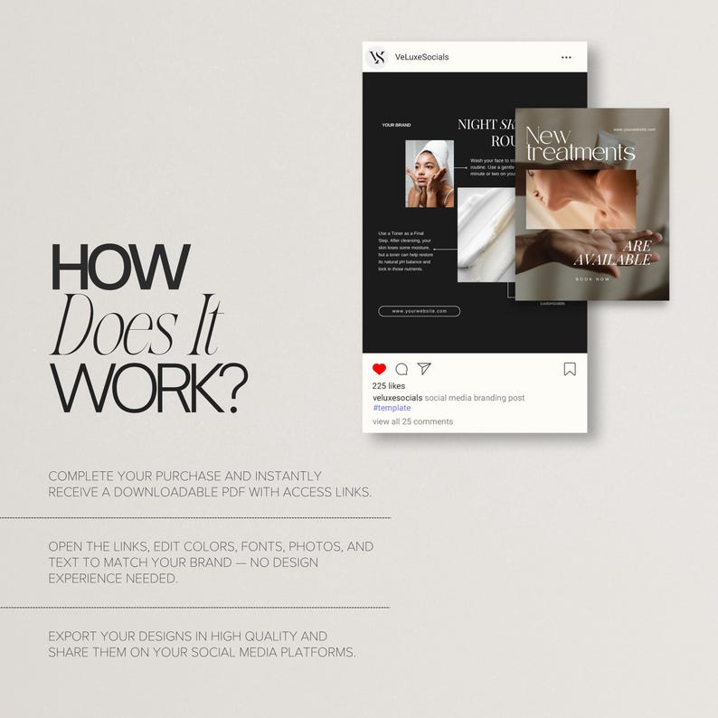 May include: A digital marketing graphic with the text "HOW Does It WORK?" and instructions on how to use the product. The graphic includes social media post mockups with the text "NIGHT SKIN ROUTINE" and "New treatments ARE AVAILABLE."