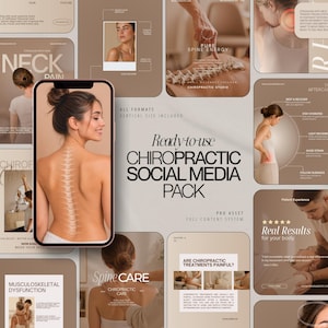Peut inclure: Un pack de médias sociaux pour les services de chiropractie. L'image présente un téléphone affichant la colonne vertébrale d'une femme, entouré de divers graphiques promotionnels. Le texte comprend "Ready-to-use Chiropractic Social Media Pack".