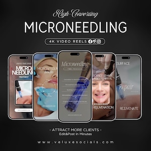Puede incluir: Un anuncio de tratamientos de microneedling. La imagen presenta cinco teléfonos inteligentes que muestran información sobre el procedimiento, incluidos los beneficios, el proceso y el rejuvenecimiento. El texto incluye "High Converting Microneedling" y "Attract More Clients - Edit & Post In Minutes."