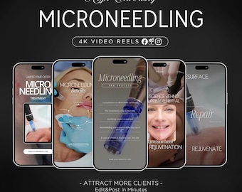 Può includere: Una pubblicità per trattamenti di microneedling. L'immagine presenta cinque smartphone che mostrano informazioni sulla procedura, inclusi i benefici, il processo e il ringiovanimento. Il testo include "High Converting Microneedling" e "Attract More Clients - Edit & Post In Minutes."