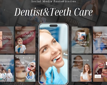 May include: A promotional image for a dentist and teeth care services. The image features a smartphone displaying a woman undergoing a dental procedure. Surrounding the phone are various social media posts and stories related to dental health, including tips and facts.