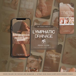 May include: A smartphone displays a video template for lymphatic drainage, with text reading "Release tension restore flow" and "Lymphatic Drainage." The background features similar promotional materials in shades of brown and beige, promoting 4K video reels.