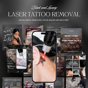 Op de afbeelding: Een promotieafbeelding voor laser tattoo verwijderingsdiensten. De afbeelding toont een smartphone met een laserbehandeling op een tatoeage, omringd door social media templates en stockafbeeldingen. De tekst luidt "Black and Luxury LASER TATTOO REMOVAL".