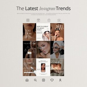 May include: A promotional graphic for Instagram templates. The design features a grid layout with various skincare-related topics, including "You Glow Girls," "How to Combat Enlarged Pores?" and "New Treatments Are Available."