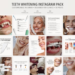 Puede incluir: Un gráfico promocional para servicios de blanqueamiento dental, con una cuadrícula de publicaciones informativas. El texto superior dice "TEETH WHITENING INSTAGRAM PACK". Las publicaciones incluyen imágenes de caras sonrientes, productos de blanqueamiento dental y contenido educativo.