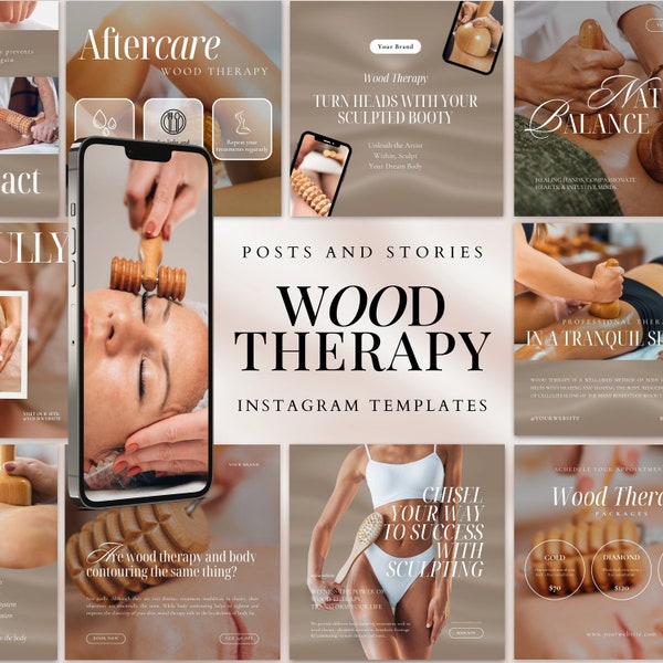 Modèles Instagram de thérapie par le bois | Poteaux pour sculpter le corps | Image de marque Instagram Wood Therapy | Modèles de spa beauté Canva