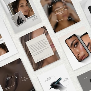 May include: A collection of educational social media graphics for eyebrow microblading services. The images feature close-ups of eyebrows, a tattoo pen, and text overlays discussing brow mapping, aftercare, and the nano brow technique.