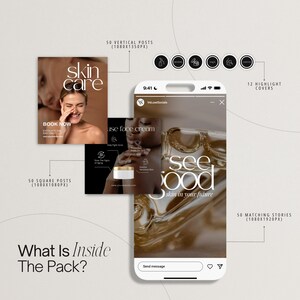 May include: A digital marketing package for skincare products, featuring a smartphone displaying Instagram stories and posts. The image includes graphics for 50 vertical posts, 50 square posts, 50 matching stories, and 12 highlight covers. The text includes "skin care" and "see good skin in your future."