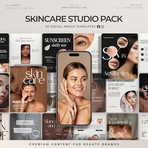 May include: A promotional image for a skincare studio pack. The image features a smartphone displaying a woman smiling, surrounded by 50 social media templates. The templates include skincare facts, sunscreen tips, and aesthetics information. The text reads "SKINCARE STUDIO PACK" and "PREMIUM CONTENT FOR BEAUTY BRANDS."