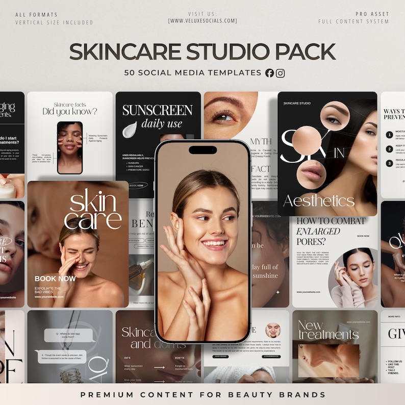 May include: A promotional image for a skincare studio pack. The image features a smartphone displaying a woman smiling, surrounded by 50 social media templates. The templates include skincare facts, sunscreen tips, and aesthetics information. The text reads "SKINCARE STUDIO PACK" and "PREMIUM CONTENT FOR BEAUTY BRANDS."