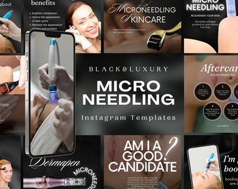 100 Microneedling Instagram Templates | Black Luxury Microneedling Instagram Posts | Derma Pen, Radiofrequency, PRP Social Media Template