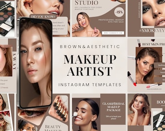 May include: Instagram templates for makeup artists featuring images of models with different makeup looks. The templates include text such as "Makeup Studio", "Brown & Aesthetic Makeup Artist", "Glam & Bridal Makeup Package", and "Best Skin Pro".