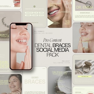 Puede incluir: Un paquete de redes sociales para aparatos de ortodoncia, con imágenes de sonrisas con aparatos y texto como "Pro Content Dental Braces Social Media Pack". El paquete incluye varios formatos y tamaños verticales.