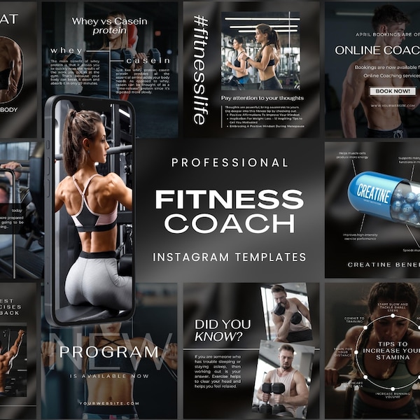 120 Fitness Instagram Templates | Black Luxury Fitness Instructor Posts | Fitness Coach Business | Gym Instagram | Fitness Canva Branding
