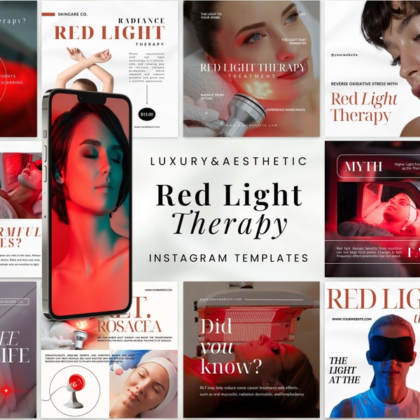 Red Light Therapy Instagram Templates | RLT Instagram Posts | Skincare Instagram Template | LED Beauty Therapy | Red Light Therapy Canva