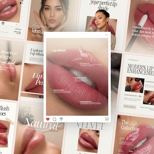 May include: A collage of social media posts featuring close-up images of lips with various shades of pink and mauve lip blush. The central image displays a detailed view of lips with text overlays describing lip blush benefits and features.