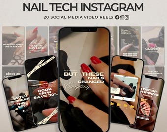 Op de afbeelding: Een advertentie voor nail tech Instagram-content, met meerdere smartphones die nail art reels weergeven. De telefoons tonen verschillende nagelontwerpen, waaronder rode en glanzende nagels, met tekstoverlays zoals "New Nail Inspo" en "Save 30%."