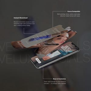 Może przedstawiać: Smartfon wyświetlający projekt "Micro Needling" z przezroczystą nakładką z niebieskim długopisem. Tekst zawiera "Natychmiastowe pobieranie", "Kompatybilny z Canva" i "Łatwy do dostosowania". Obraz ma ciemne tło.