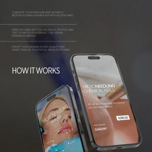 Może przedstawiać: Dwa smartfony wyświetlają informacje o mikronakłuwaniu i peelingach chemicznych. Jeden telefon pokazuje "Microneedling Benefits" z diagramem. Drugi telefon pokazuje cenę 280,00 $, z tekstem "Microneedling + Chemical Peels".