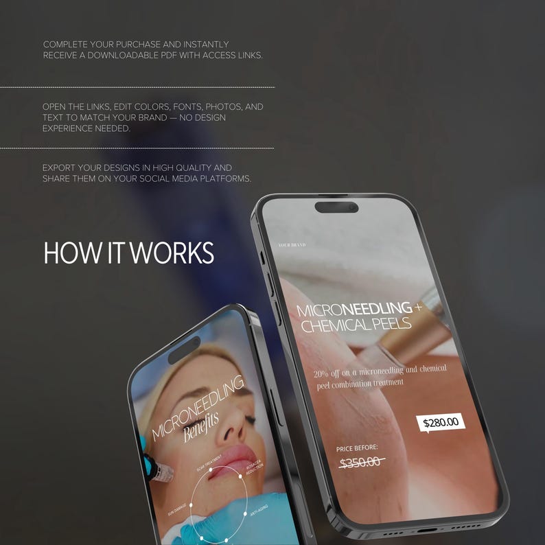 Może przedstawiać: Dwa smartfony wyświetlają informacje o mikronakłuwaniu i peelingach chemicznych. Jeden telefon pokazuje "Microneedling Benefits" z diagramem. Drugi telefon pokazuje cenę 280,00 $, z tekstem "Microneedling + Chemical Peels".