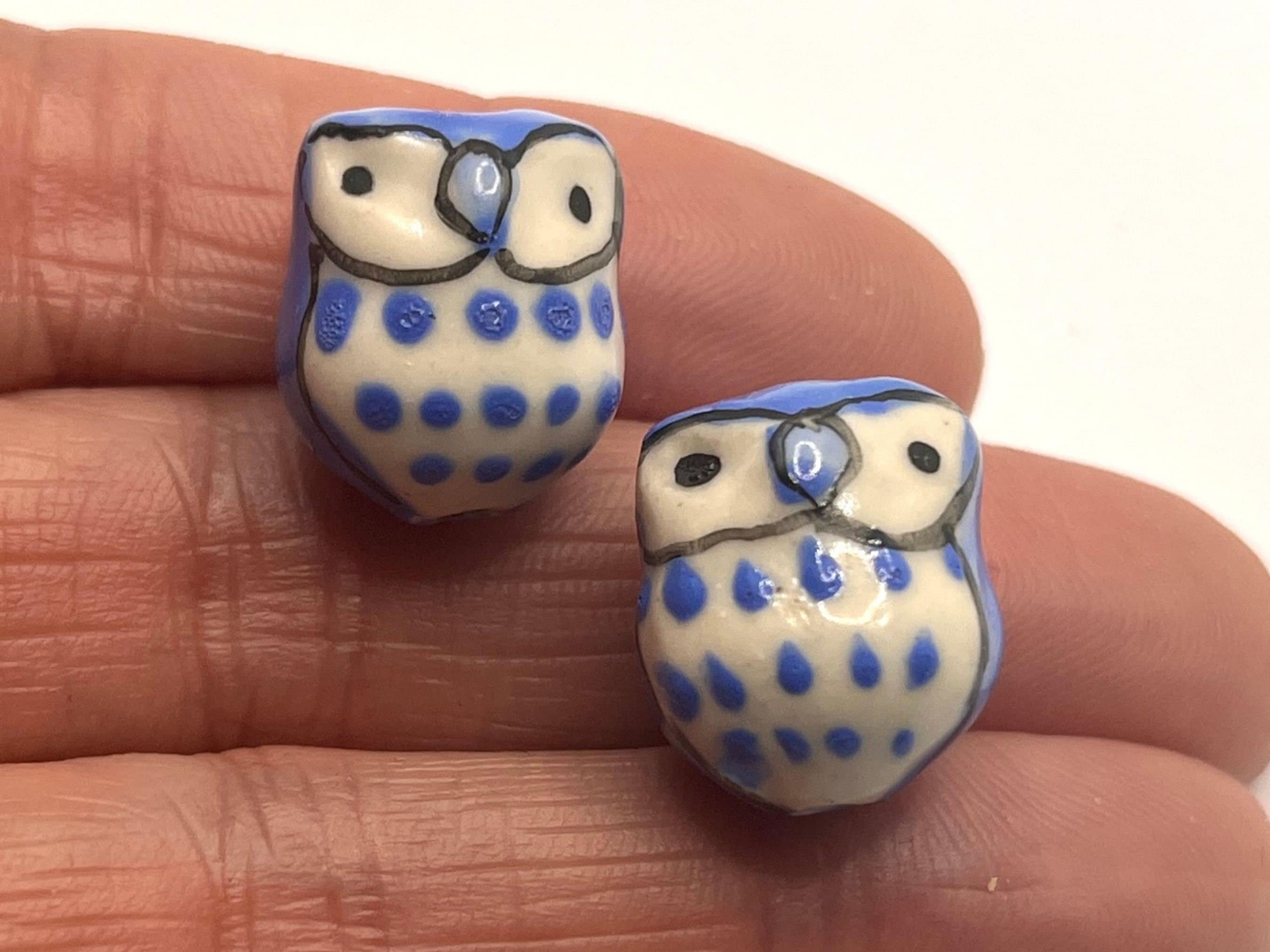 OWL CERAMIC BEADS, Large 16X14mm Light Blue & White Bird Beads with Big Holes, Bead De-stash, Je