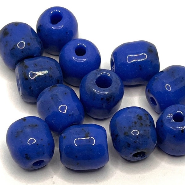 VINTAGE BLUE CZECH Barrel Beads, 12X9.5mm 1940s New Old Stock Glass Beads with Big Holes for Beading & Jewelry Making