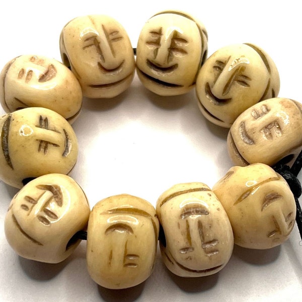 12mm Carved Bone Face Beads, 10 Vintage Beige & Brown Antiqued Rondelle India Beads, Beading/Jewelry Making Supplies