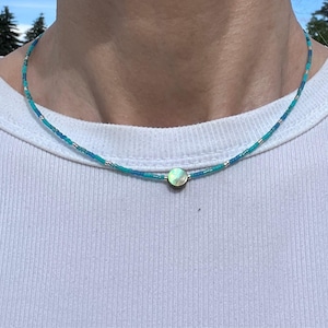Tiny Blue Seed Bead Choker with Abalone Shell, Dainty Minimalist Boho Beach Necklace