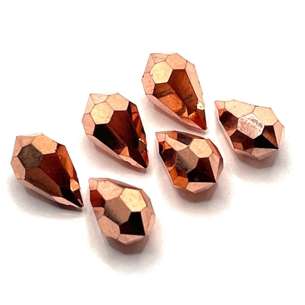 CZECH BRIOLETTE CRYSTAL Pendants, 6X10mm Metallic Peach-Copper Teardrop Beads, Faceted Top Drilled Beads