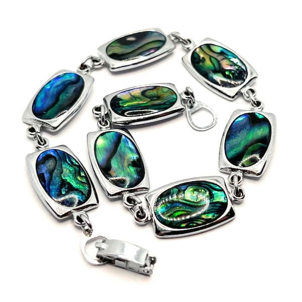 ABALONE BRACELET, Vintage 8 Inch Link Bracelet, Silver-tone New Zealand Abalone Bracelet with Fold-Over Clasp