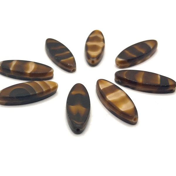 LONG OVAL BEADS/ Czech Glass Beads/ 4 Brown Tiger Print Beads/ 20X8mm Flat Beads/ Elongated Spindle Beads/ Beading/ Jewelry Making