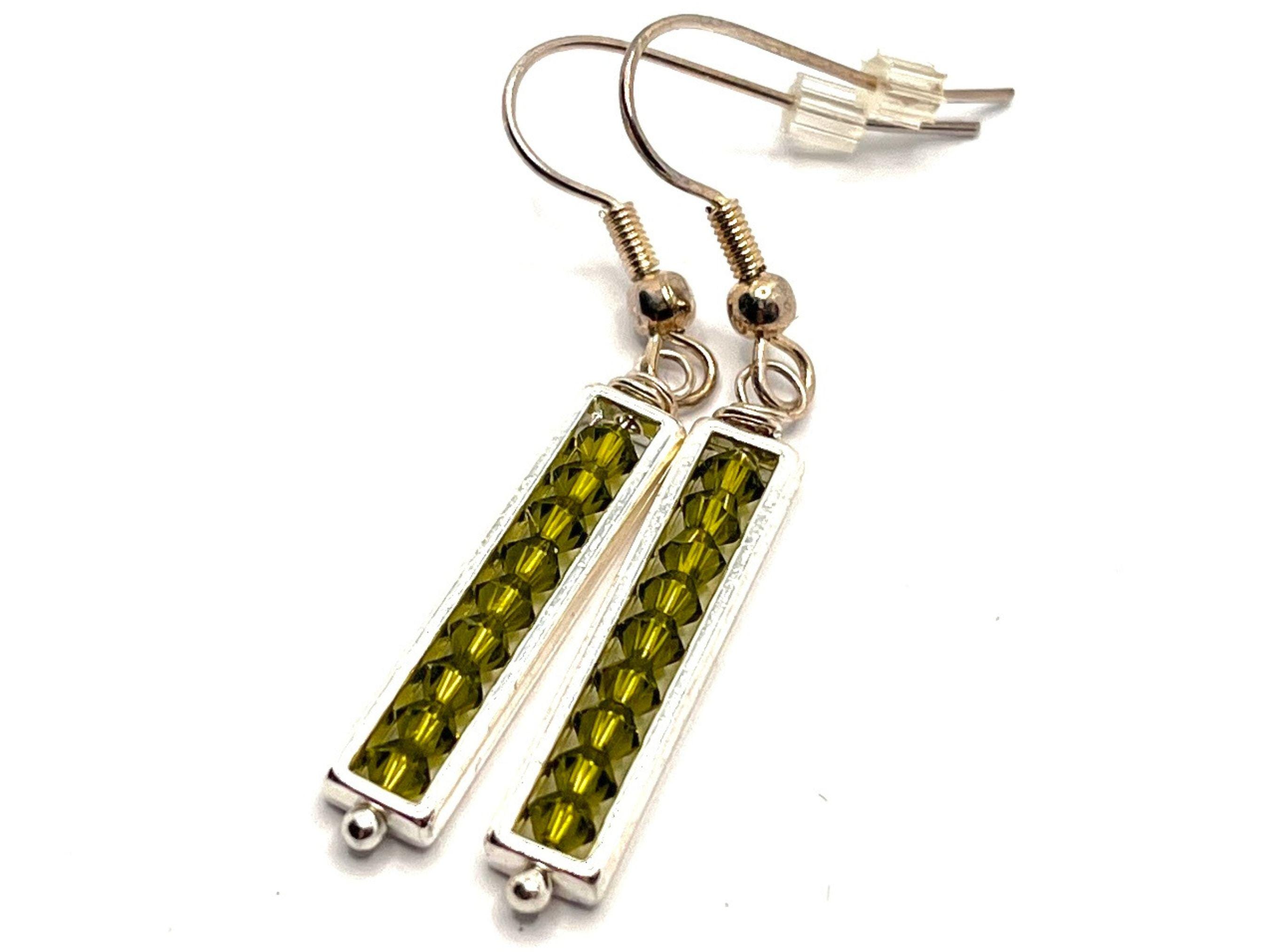 Beaded Dangle Earrings, Short Green Crystal Earrings, Spring Earrings, Canadian Handmade Minimalist Jewelry