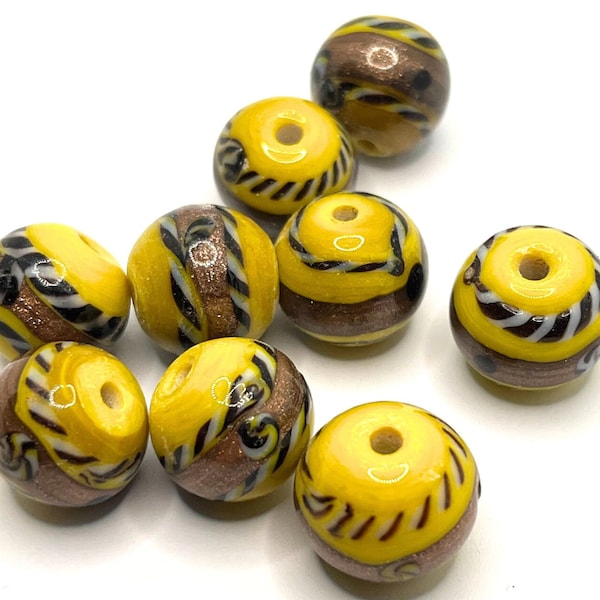 YELLOW LAMP WORK Glass Beads With Gold Stripes, Round 13-14mm Vintage 1990s Multi Color India Big Hole Pattern Beads, Jewelry Making