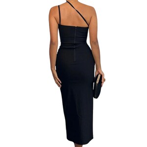 20525 Black Cross Strap Back Satin Slit Dress