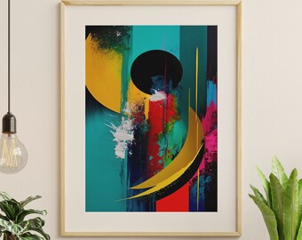 May include: Abstract painting in a wooden frame with a yellow, red, blue, black, and white color scheme. The painting features a large black circle and a yellow crescent shape.