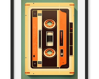 Può includere: Un nastro audio vintage con uno schema di colori giallo, arancione e marrone. Il nastro è etichettato "A Side" e "B Side".