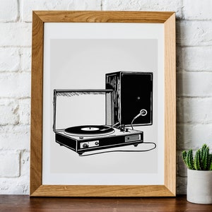 Record Player, art, record, speaker, wall art, vintage, black and white, bold, records, audio, love, picture, print, download, wall decor