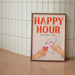 Happy Hour Print Cocktail Martini Cheers Minimalist Retro Art Aesthetic Bar Cart Print Alcohol Trendy Kitchen Poster Bar Cart Decor
