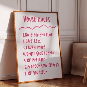 Pink House Rules Print, Funny House Rules Print, Do It For The Plot, Dorm Room Decor, Preppy Girly Wall Art, Home Rules Art, Living Room Art