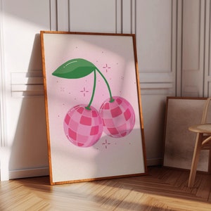 Disco Cherry Print, Pink Cherry Disco Ball Print, Pink Disco Wall Art, Printable Room Decor, Cool Prints Pink, Cherry Print, Disco Wall Art