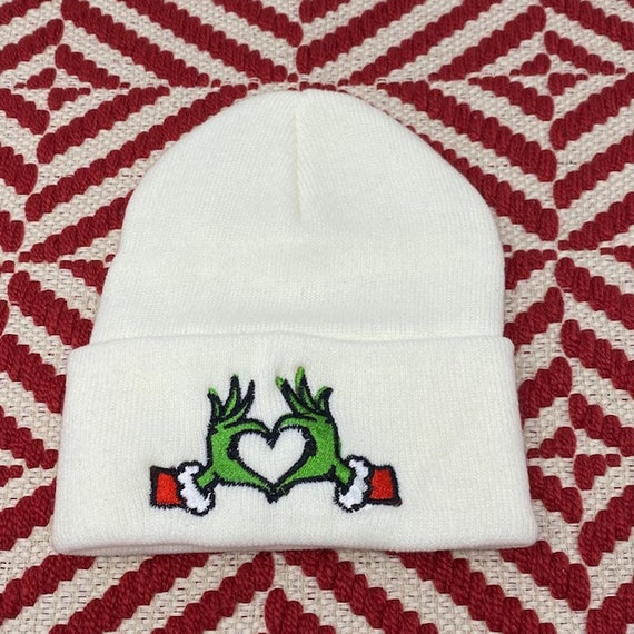 Grinch Heart Hands Embroidered White Beanie, Merry Grinchmas