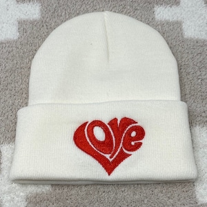 Love Heart Letters White Beanie Embroidered In Red