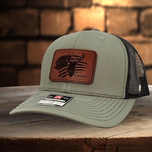 Custom Hat for Deer Hunter Leather Patch American Flag Hat Personalized Richardson 112 Hat for Deer Hunting Hat for Dad Gift for Hunter
