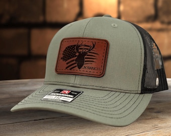 Custom Hat for Deer Hunter Leather Patch American Flag Hat Personalized Richardson 112 Hat for Deer Hunting Hat for Dad Gift for Hunter