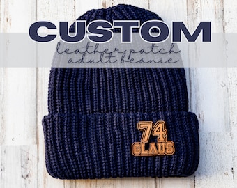 Custom Leather Patch Beanie for Women, Personalized Beanie, Monogramed Hat, Winter Hat, Toboggan, Custom Winter Hat, Logo Knit Beanie