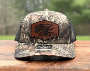 American Flag Deer Hunter Hat for Dad, Personalized Deer Hunting Cap, Extra Large Size Cap with Leather Patch with Name, Gift for Hunter