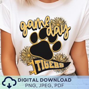 Digital Download Game Day Tigers PNG, Tigers Mascot JPEG, Favorite Team Graphic, School Spirit Game Day PNG for Teacher, Black and Gold